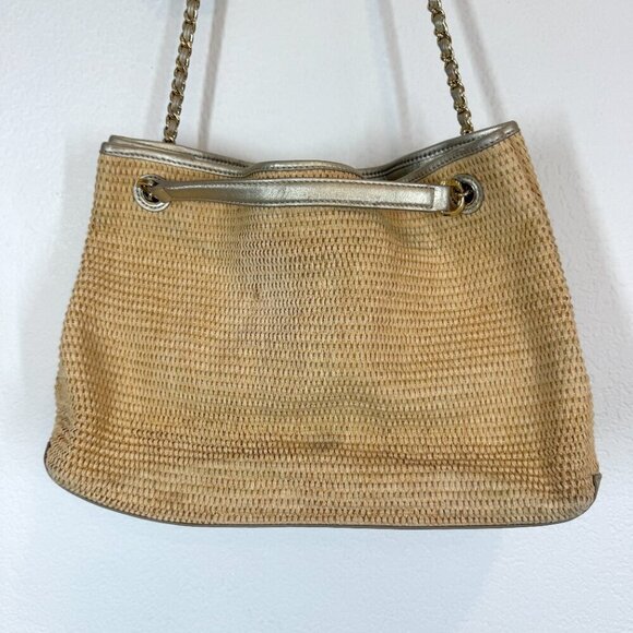 Tory Burch Woven Shoulder Bag Purse Tote Gold Accents Tassels Natural - Picture 4 of 14